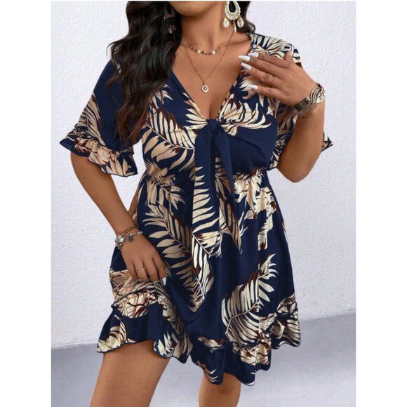 NEW Shein Holidaya Plus Floral Print Tie Front Plunging Neck Dress Navy Blue 0XL - Picture 2 of 5